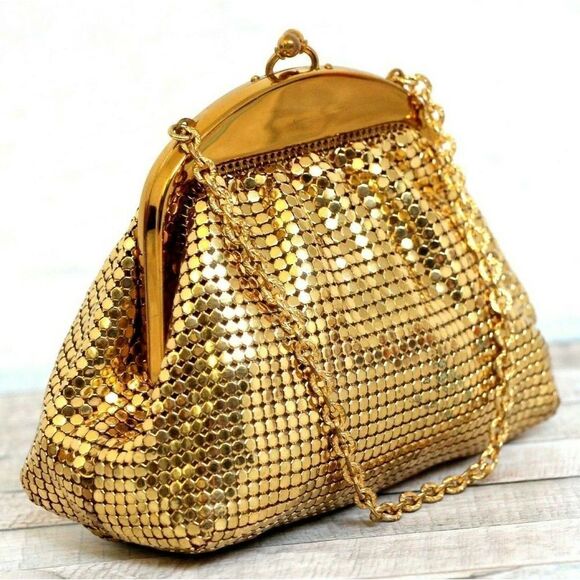 Whiting & Davis GOLD MESH FRAME KISS LOCK CHAIN STRAP MINI PURSE HANDBAG WALLET - Picture 4 of 10